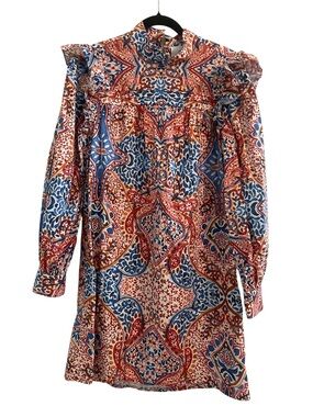 XiRENA Nyla Dress Abstract Print High-Neck Cotton Long Sleeves Size Medium NEW